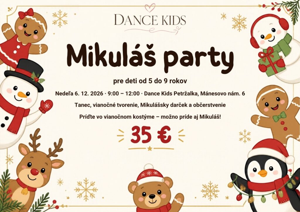 Mikuláš party pre deti 5–9 rokov, nedeľa 6. 12. 2026, 9:00–12:00, Dance Kids Petržalka, 35 €